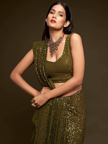 Olive Green Sequence Work Georgette Party Wear Saree