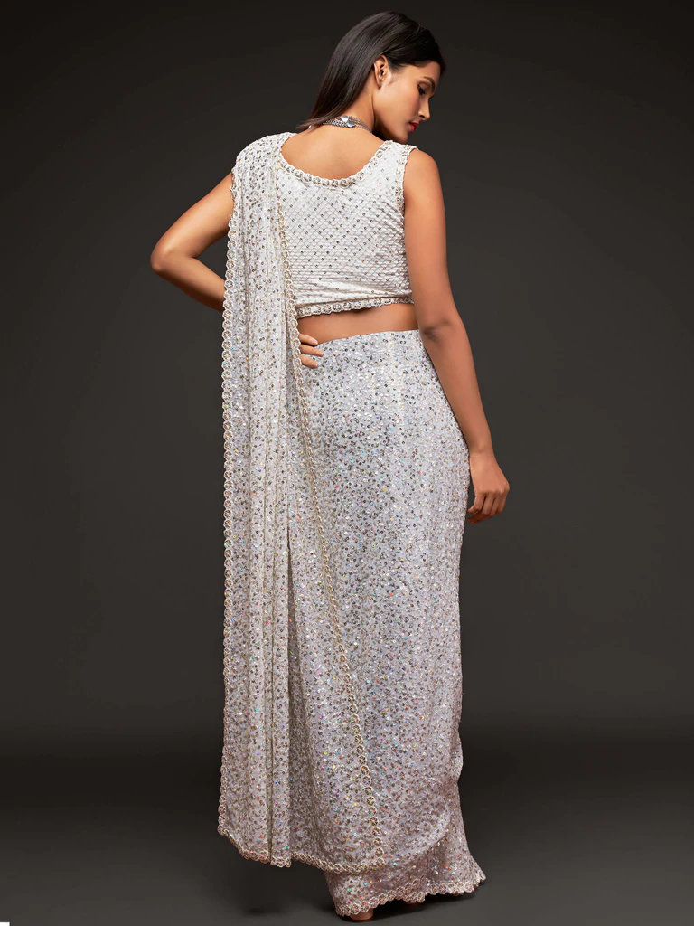 Pearl White Sequence Work Georgette Saree