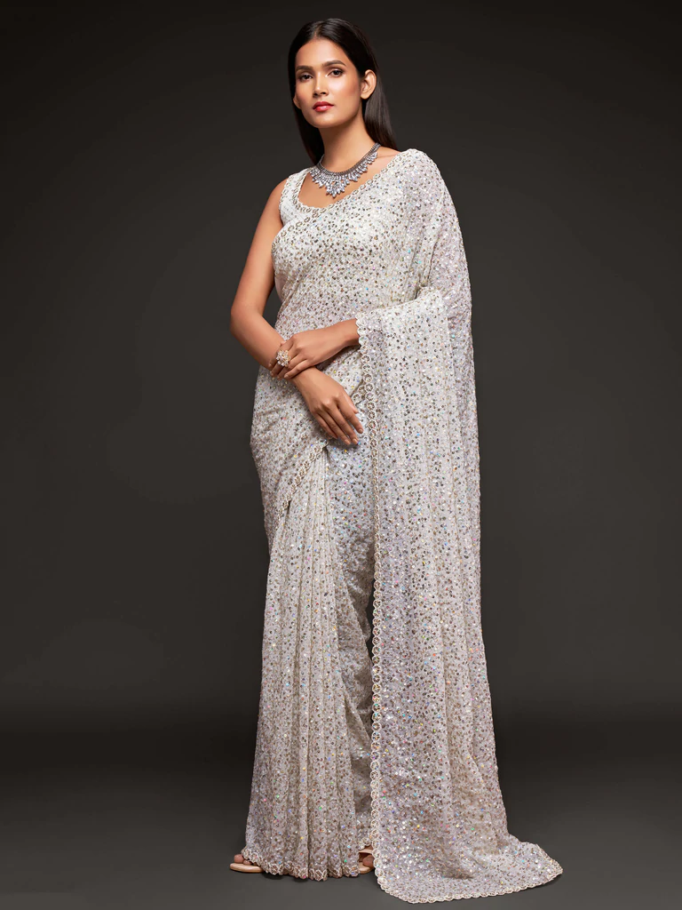 Pearl White Sequence Work Georgette Saree