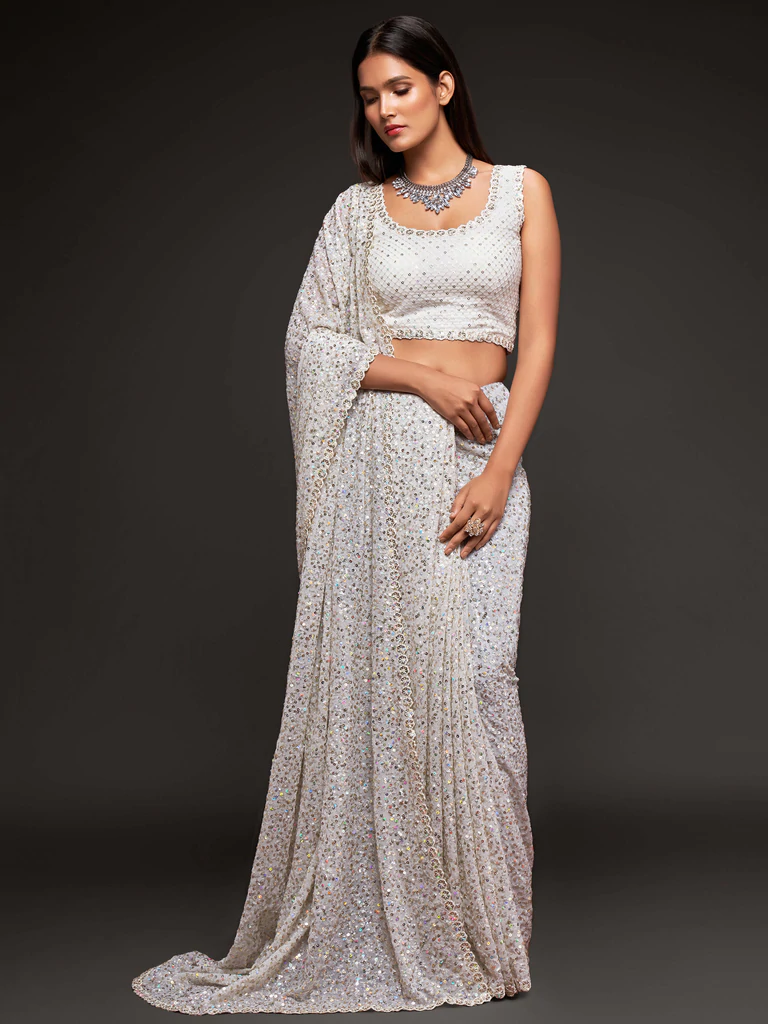 Pearl White Sequence Work Georgette Saree