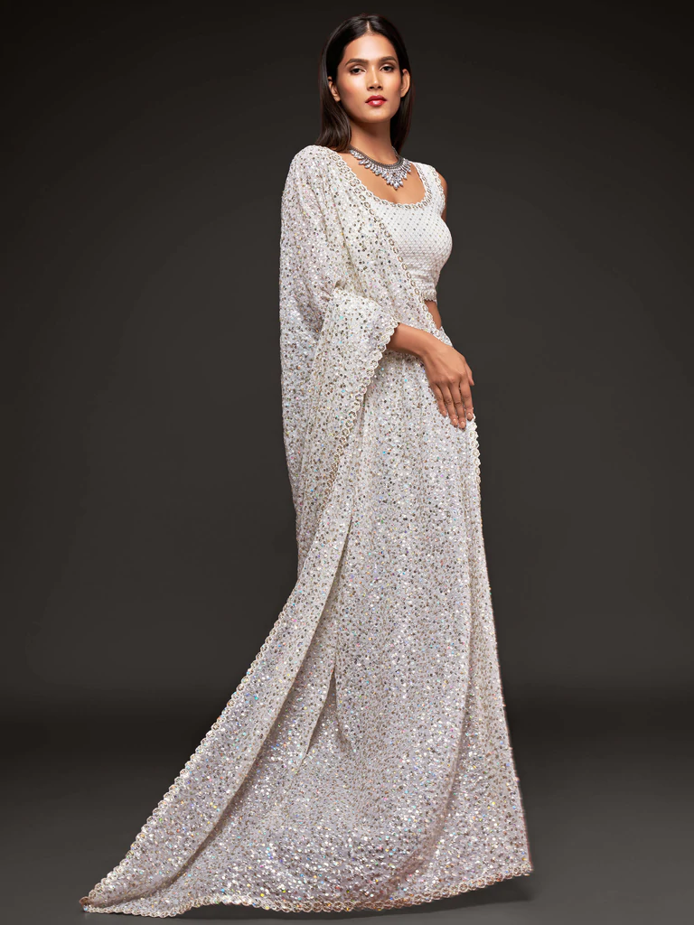 Pearl White Sequence Work Georgette Saree