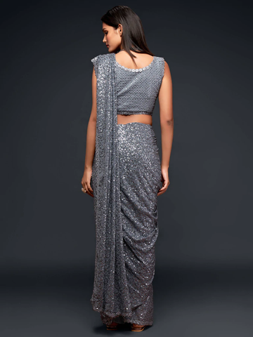 Grey Sequince Georgette Party Wear Saree