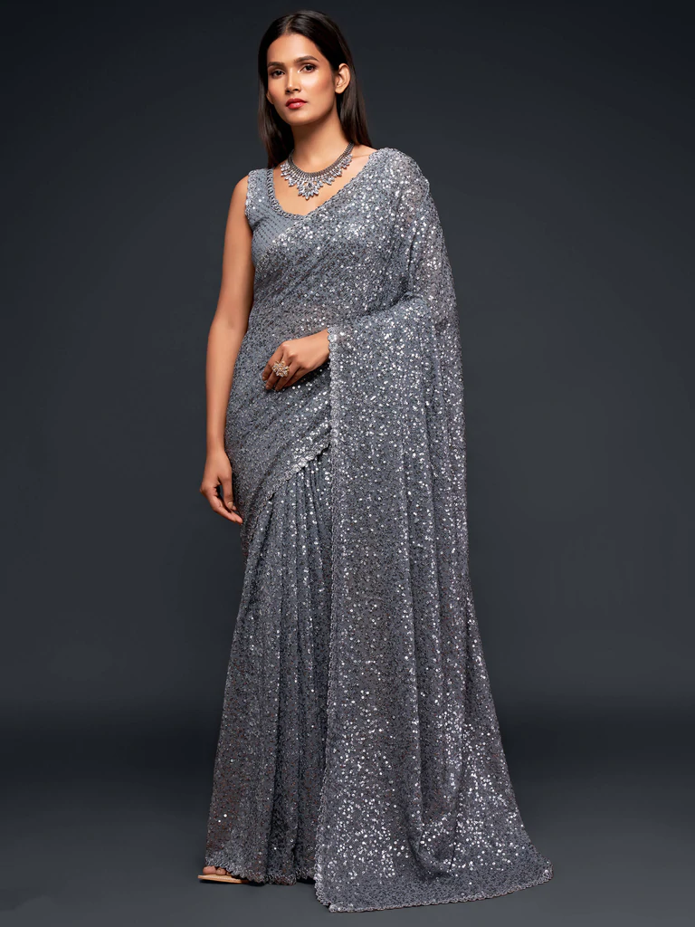 Grey Sequince Georgette Party Wear Saree