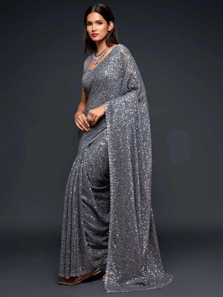 Grey Sequince Georgette Party Wear Saree