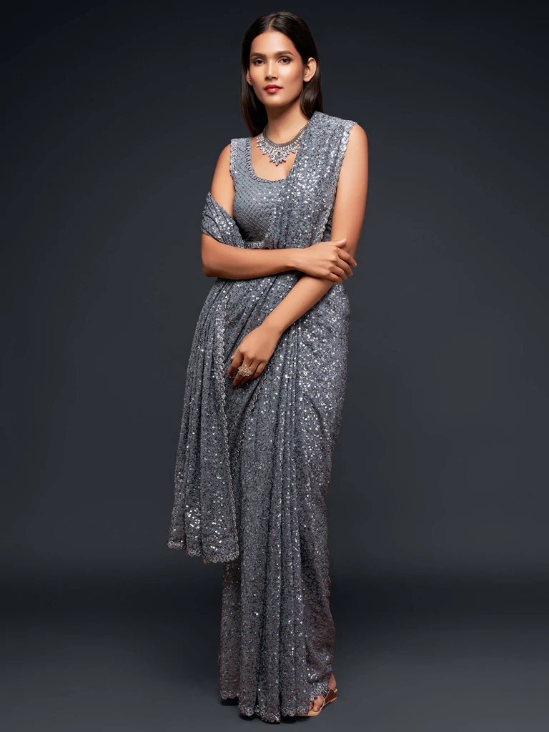 Grey Sequince Georgette Party Wear Saree