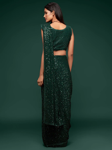 Green Sequince Work Georgette Saree With Unstitched Blouse