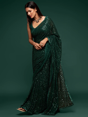 Green Sequince Work Georgette Saree With Unstitched Blouse