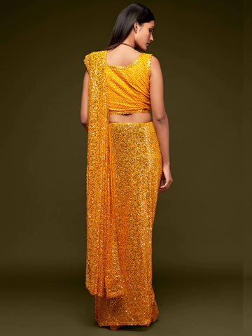 Yellow Sequince Type Georgette Party Wear Saree