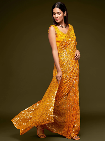 Yellow Sequince Type Georgette Party Wear Saree