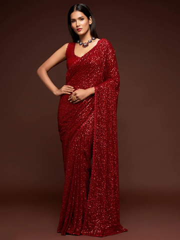 Hot Red Sequence Work Georgette Traditional Saree