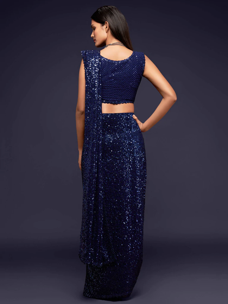 Blue Sequinced Georgette Party Wear Saree 