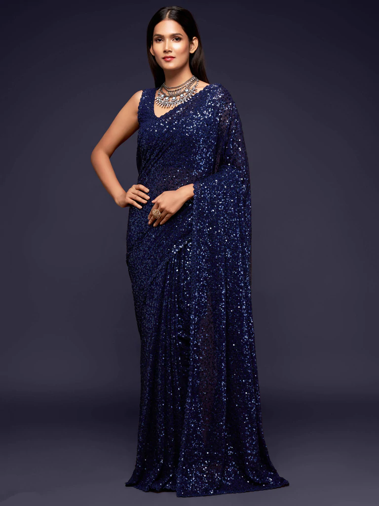 Blue Sequinced Georgette Party Wear Saree 