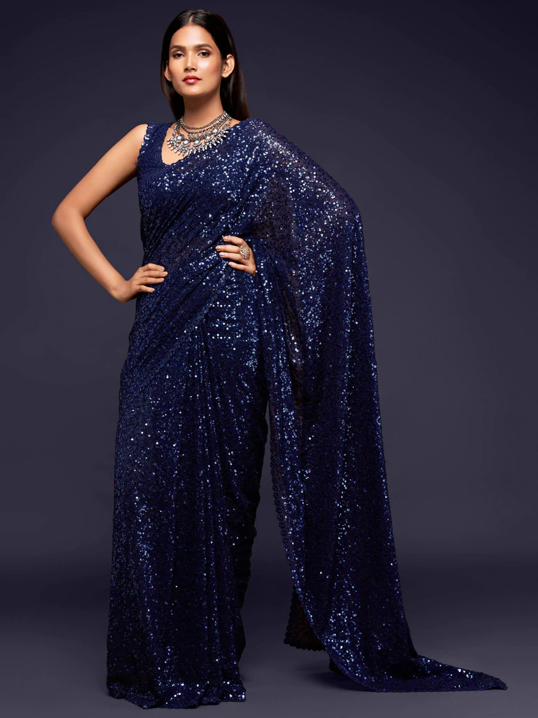 Blue Sequinced Georgette Party Wear Saree 