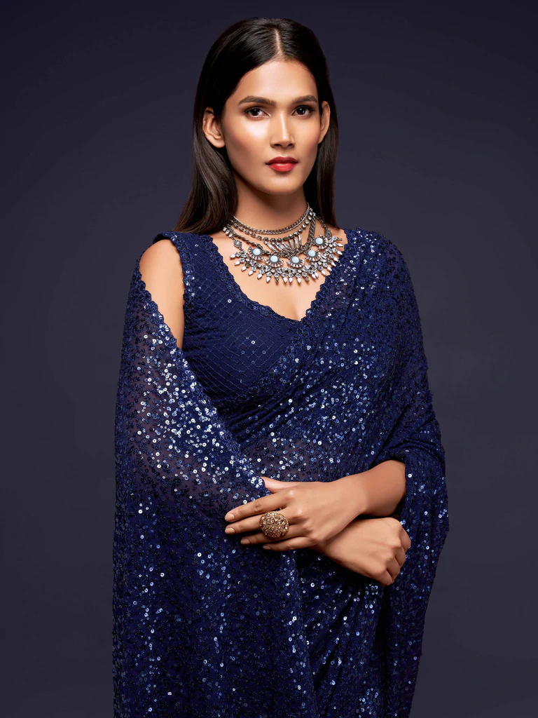 Blue Sequinced Georgette Party Wear Saree 