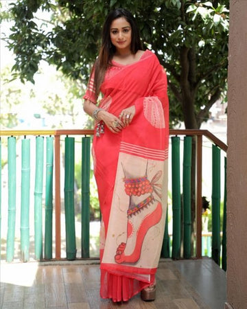 Tomato pink and white leg pose pallu linen saree