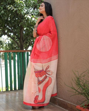 Tomato pink and white leg pose pallu linen saree