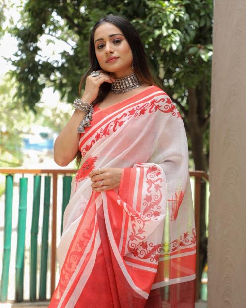 White and pink durga linen saree With blouse