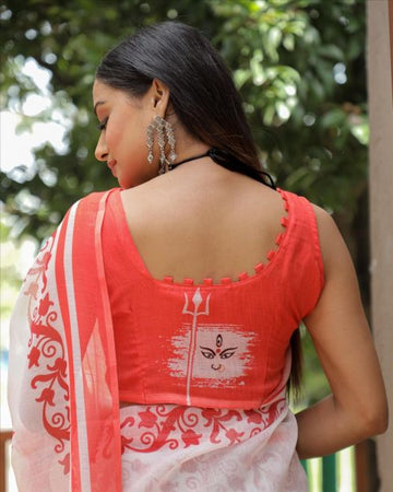 White and pink durga linen saree With blouse