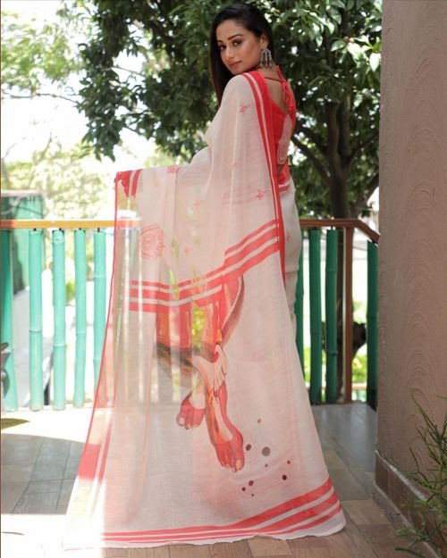 White and pink linen saree with Foot Print