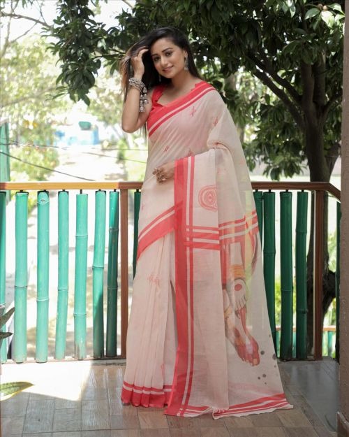 White and pink linen saree with Foot Print