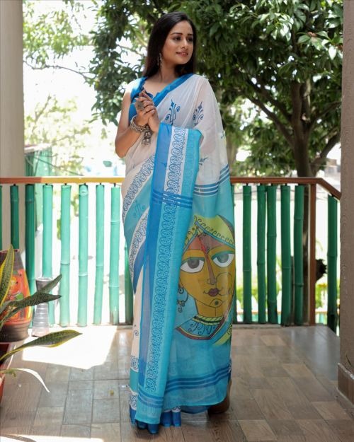 White and blue lady face pallu linen saree