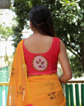 Yellow and tomato pink durga face linen saree