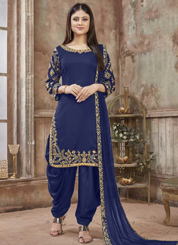 Art Silk Blue Mirror Work Patiala Salwar Kameez