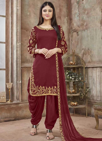 Art Silk Mirror Work Patiala Salwar Kameez In Maroon