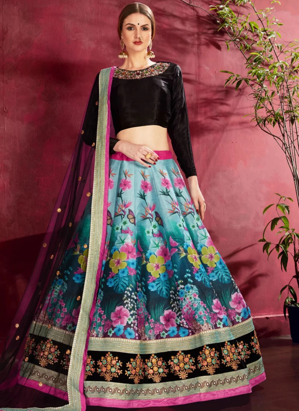 Blue Digital Printed Art Silk Lehenga