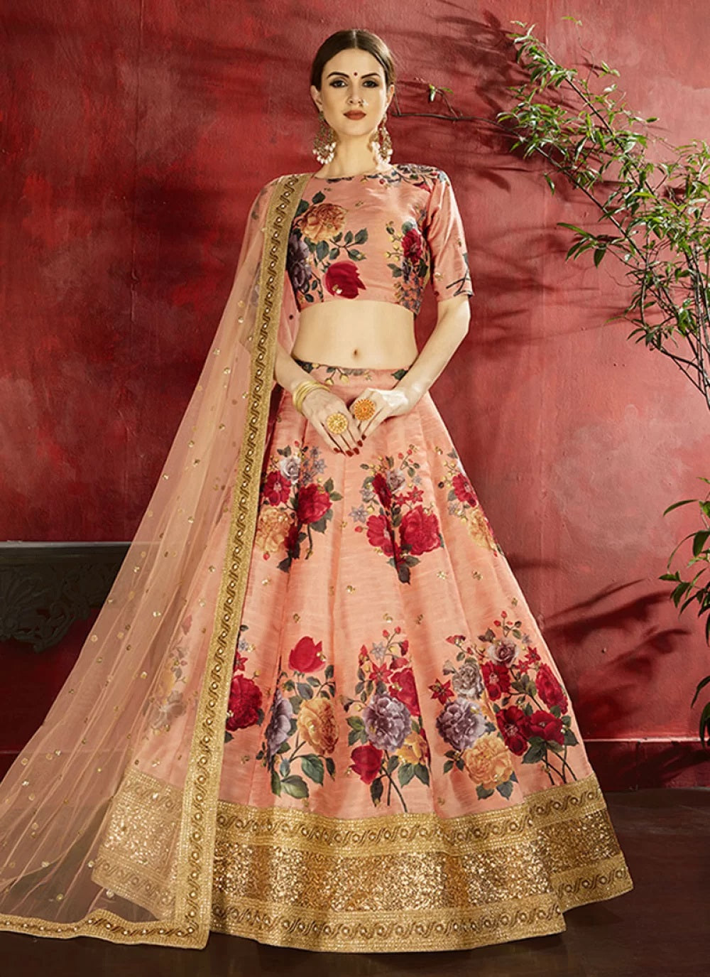 Peach Banglori Art Silk Indian Lehenga Choli 