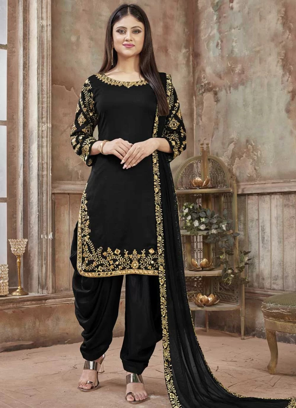 Black Art Silk Designer Patiala Salwar Kameez