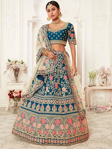 Blue Floral Silk Heavy Lehenga Choli With Dupatta