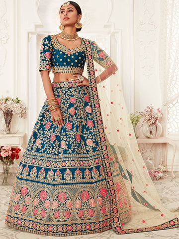 Blue Floral Silk Heavy Lehenga Choli With Dupatta