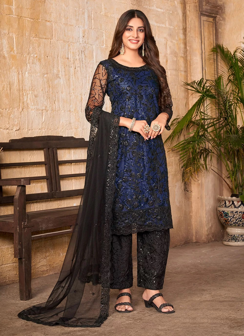 Blue Net Embroidered Indian Salwar Suit