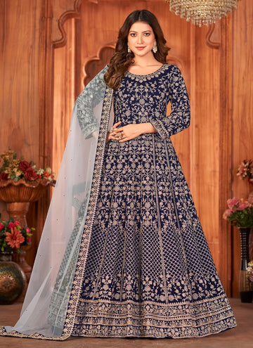 Blue velvet Heavy embroidered Anarkali Suit For Eid