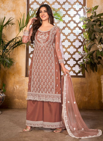 Brown Color  Net Embroidered Palazzo Dress