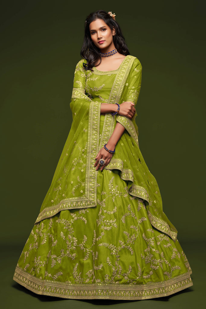 Embroidered Silk Lehenga Choli In Neon Green