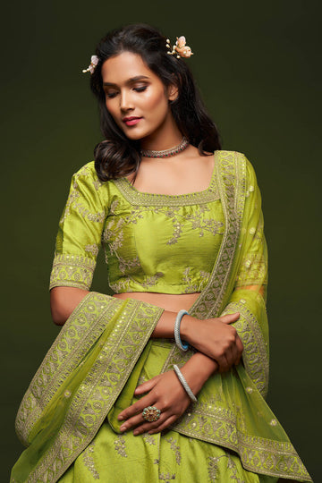 Embroidered Silk Lehenga Choli In Neon Green