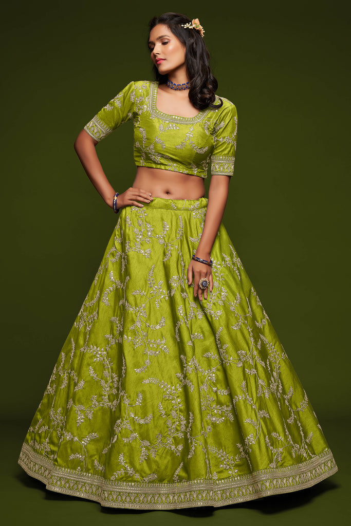 Embroidered Silk Lehenga Choli In Neon Green