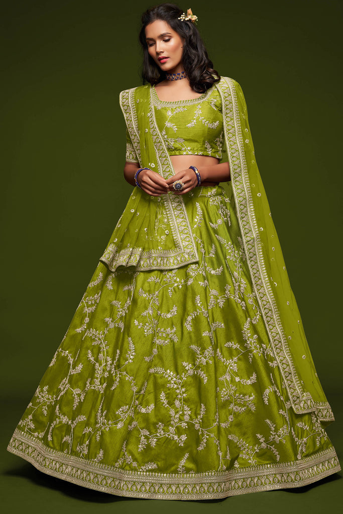 Embroidered Silk Lehenga Choli In Neon Green