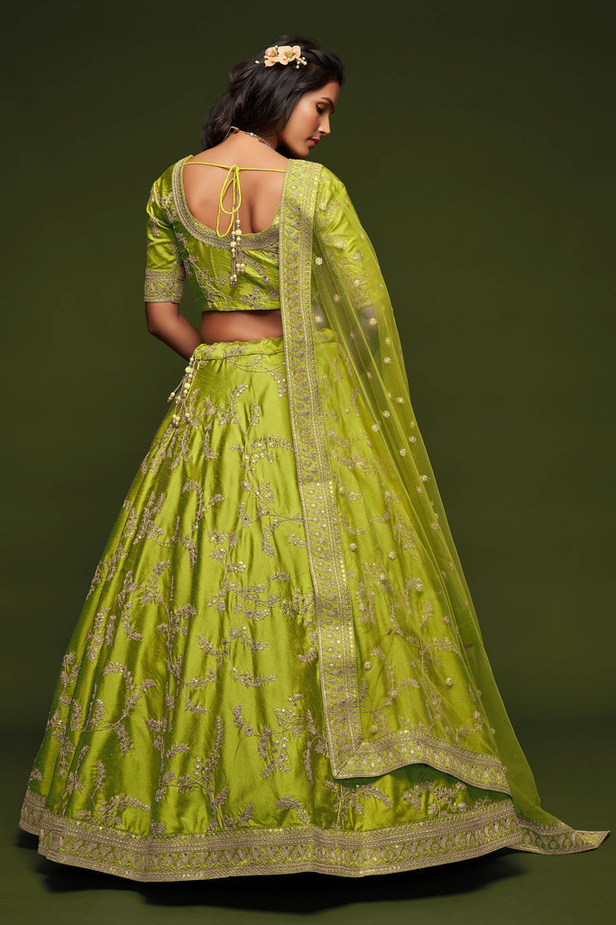 Embroidered Silk Lehenga Choli In Neon Green