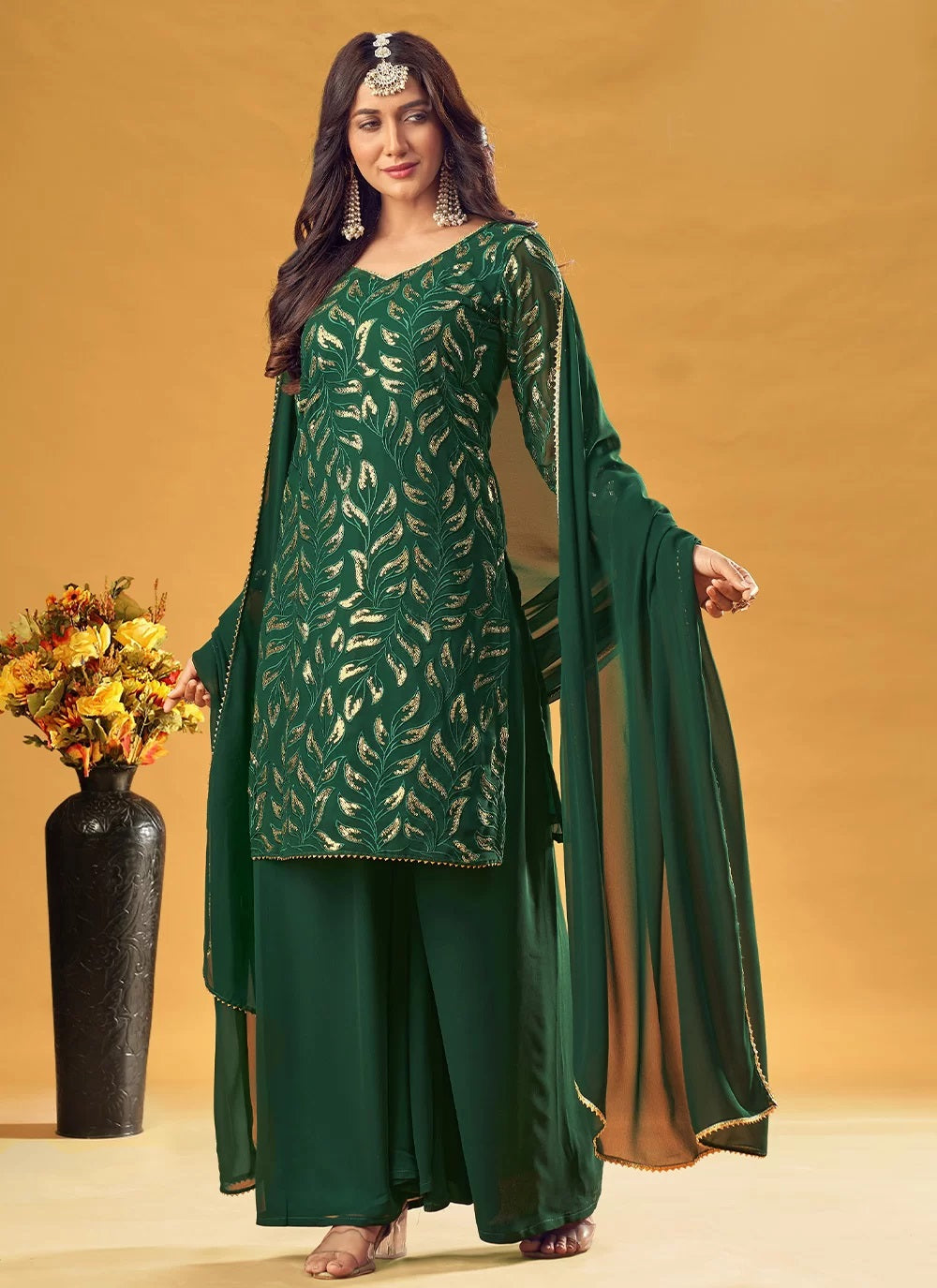 Green Comfortable Pure Faux Georgette Palazzo Salwar Suit for Women