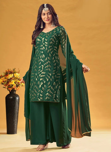 Green Comfortable Pure Faux Georgette Palazzo Salwar Suit for Women