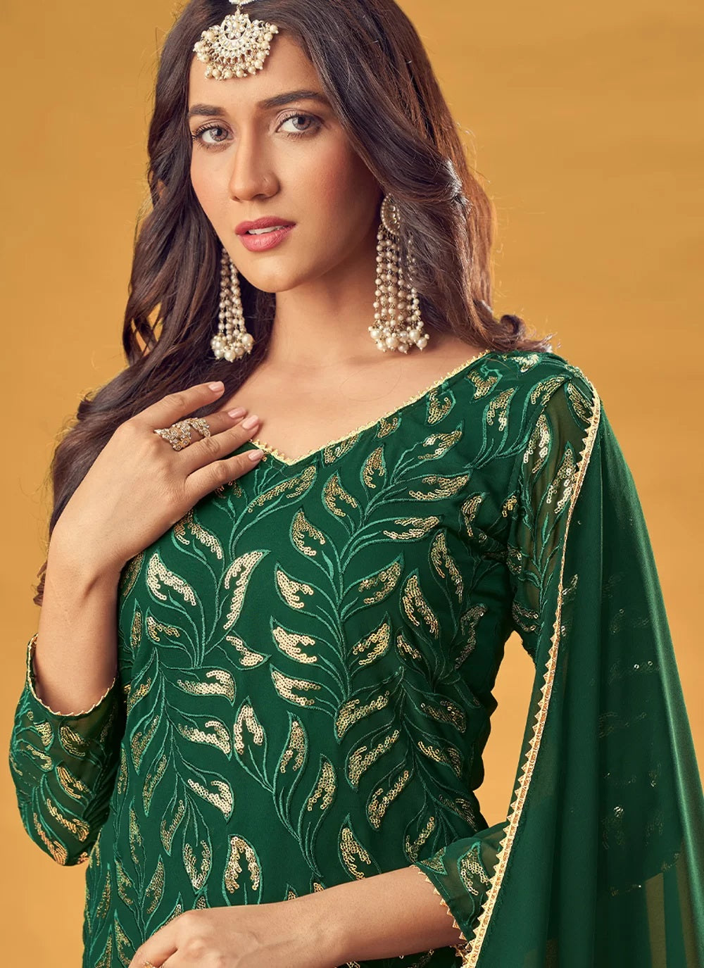 Green Comfortable Pure Faux Georgette Palazzo Salwar Suit for Women