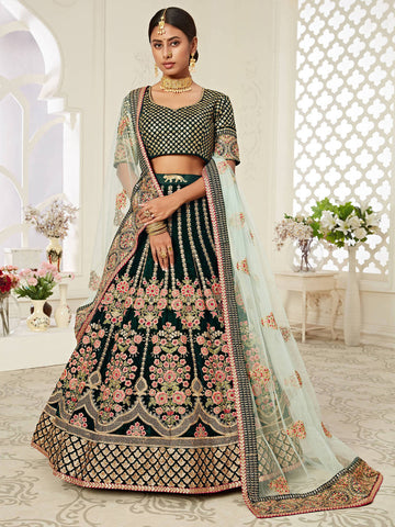 Green Embroidered Velvet Bridal Lehenga Choli