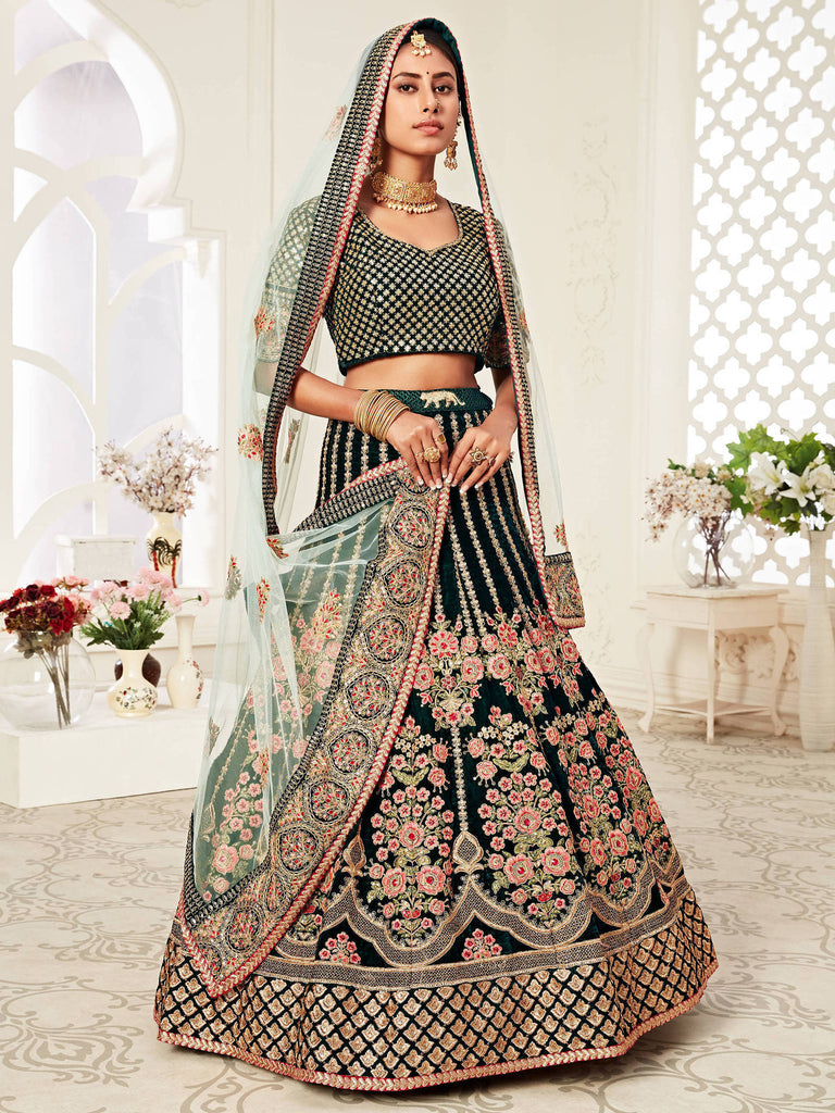 Green Embroidered Velvet Bridal Lehenga Choli  