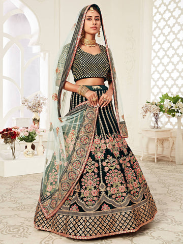 Green Embroidered Velvet Bridal Lehenga Choli