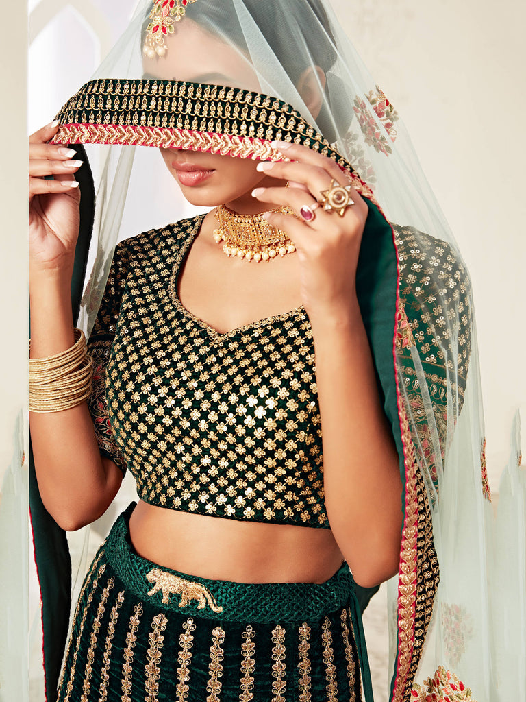 Green Embroidered Velvet Bridal Lehenga Choli  