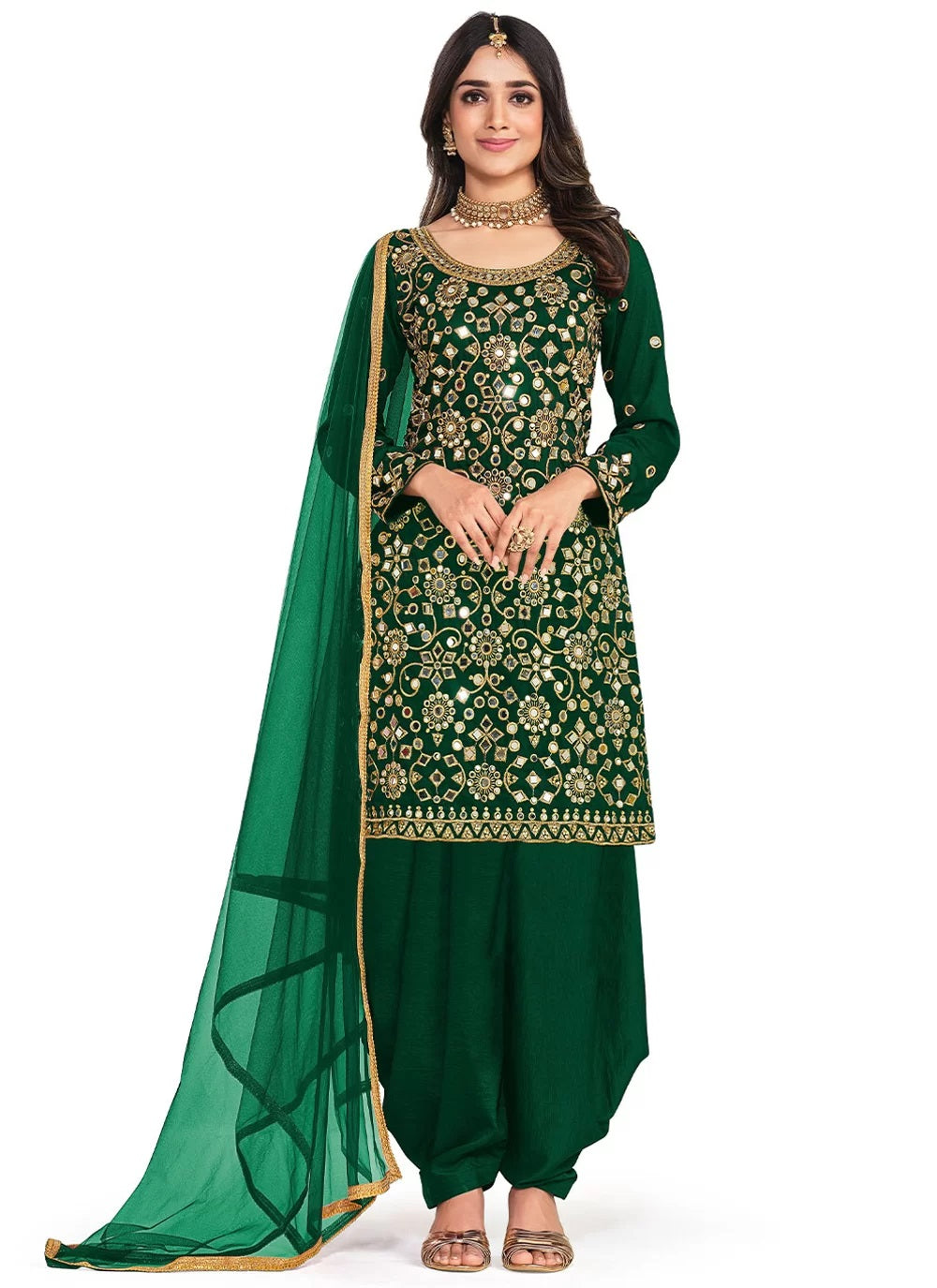 Green Silk Mirror work Patiyala Salwar Kameez