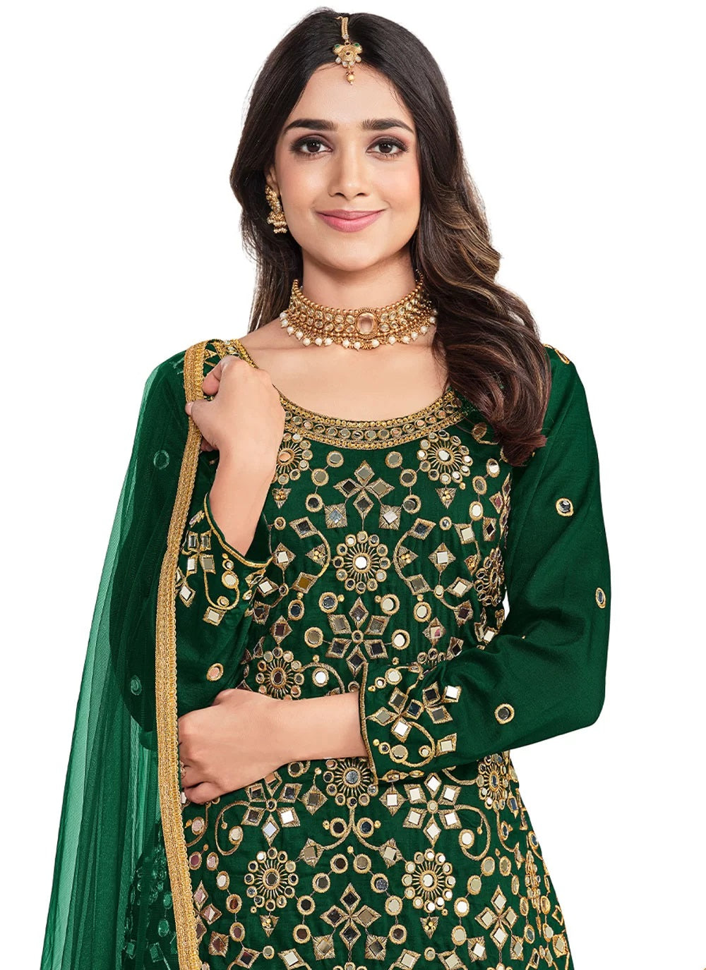 Green Silk Mirror work Patiyala Salwar Kameez